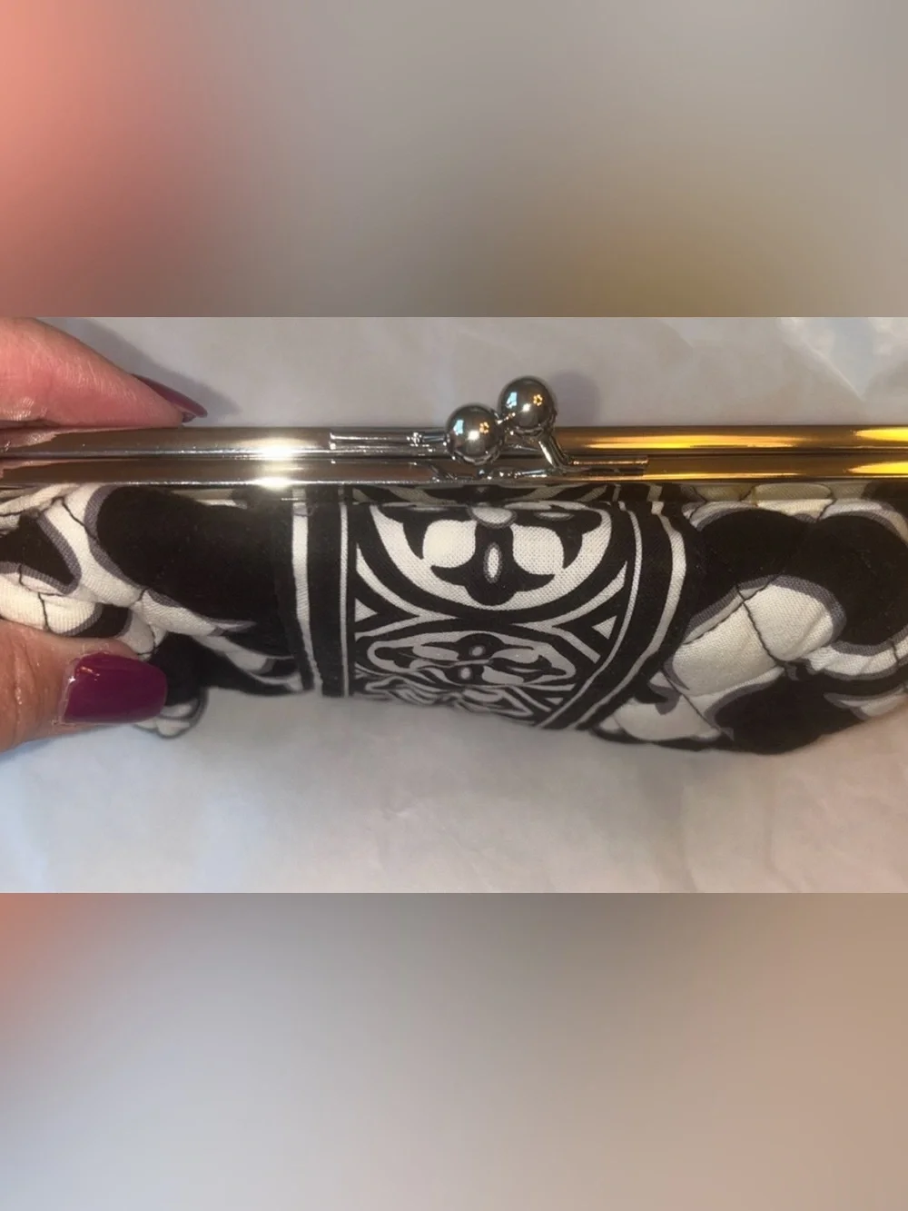 Vera Bradley Night & Day opera kiss lock make up bag black & white Geo Pattern